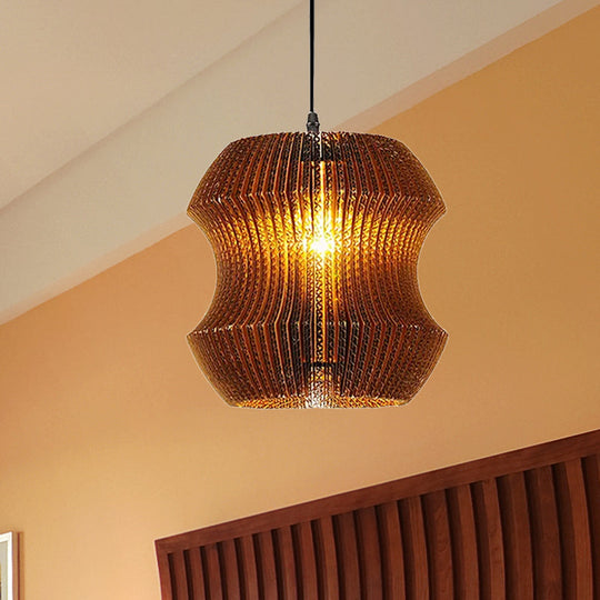 Asian Stylish Pendant Lighting - Brown Corrugated Paper Ceiling Fixture With Cylinder Shade Ideal
