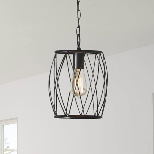 Industrial Metal Pendant Lamp with Black Wire Guard - 1 Bulb, Cylinder Shade for Dining Room Lighting Fixture
