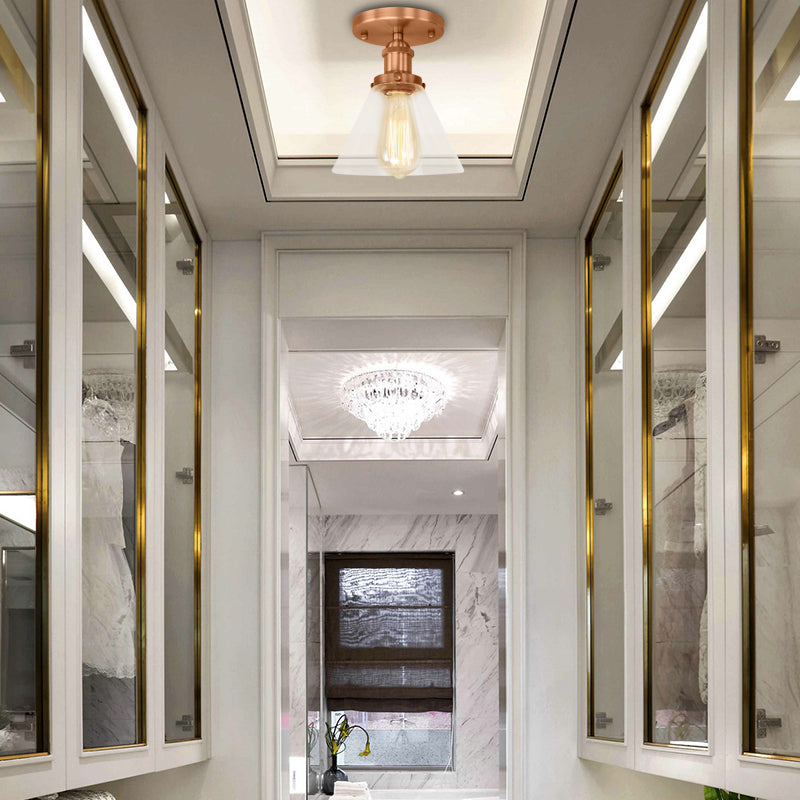 Industrial Clear Glass Ceiling Light in Black/Brass/Copper - Single Bulb Semi Flush Mount