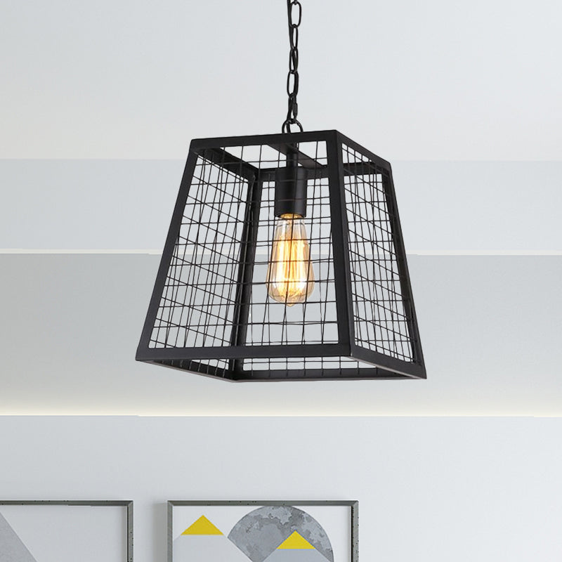 Vintage Style Black Metal Mesh Cage Pendant Light with Trapezoid Bulb Fixture