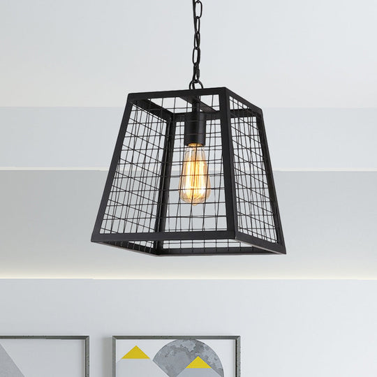 Vintage Style Black Metal Ceiling Pendant Fixture With Mesh Cage Shade