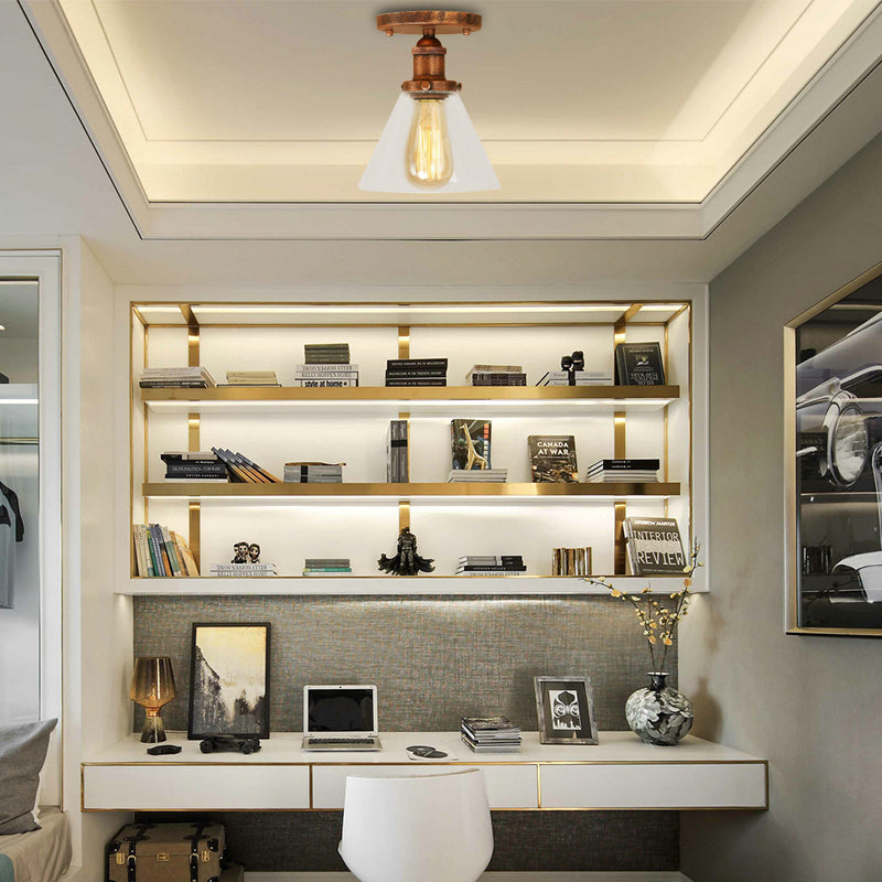 Industrial Clear Glass Ceiling Light in Black/Brass/Copper - Single Bulb Semi Flush Mount