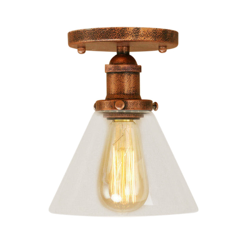Industrial Clear Glass Ceiling Light in Black/Brass/Copper - Single Bulb Semi Flush Mount