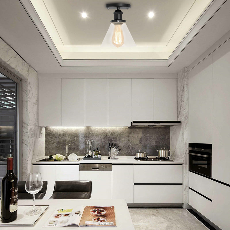 Industrial Clear Glass Ceiling Light in Black/Brass/Copper - Single Bulb Semi Flush Mount