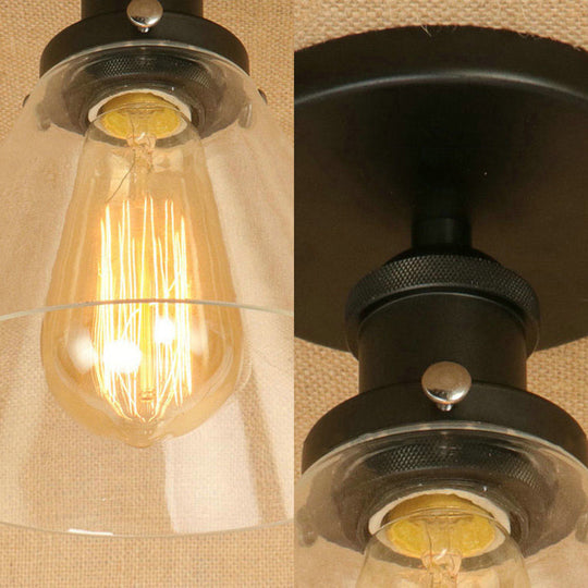 Industrial Clear Glass Ceiling Light in Black/Brass/Copper - Single Bulb Semi Flush Mount