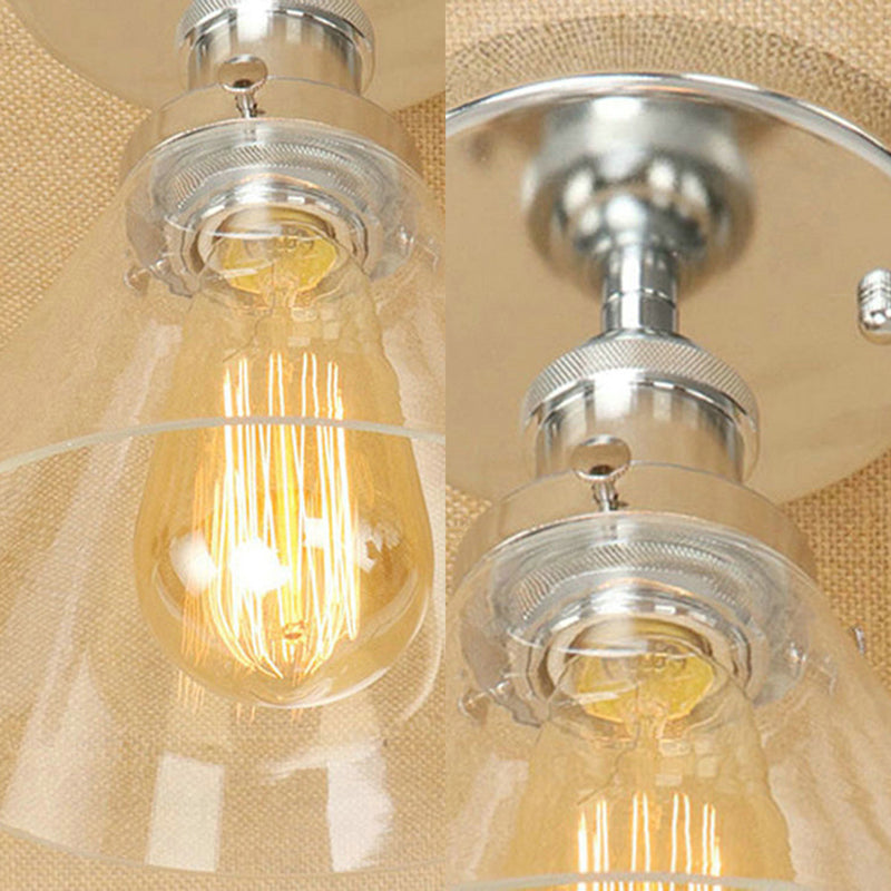 Industrial Clear Glass Ceiling Light in Black/Brass/Copper - Single Bulb Semi Flush Mount