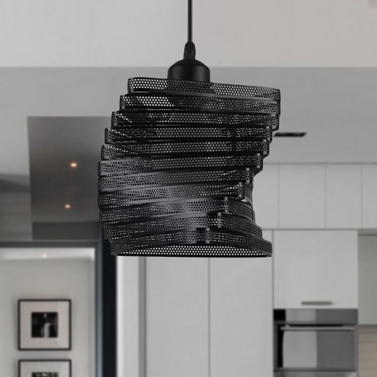 Industrial Mesh Screen Pendant Light - Twist Bulb, Black/White Metal, Triangle Shade