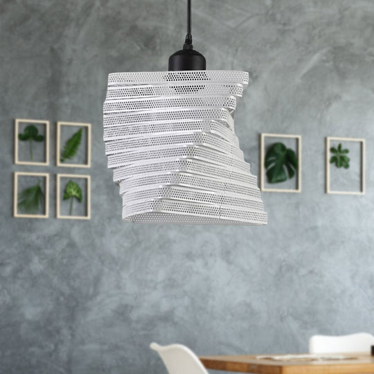 Industrial Twist Mesh Pendant Light - Black/White Metal Hanging Lamp With Triangle Shade