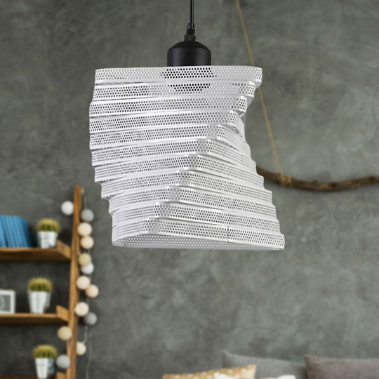Industrial Mesh Screen Pendant Light - Twist Bulb, Black/White Metal, Triangle Shade