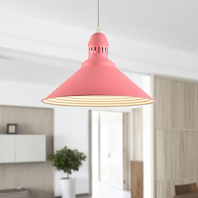 Ribbed Conical Pendant Light - Modern Metal Red/Yellow/White 1