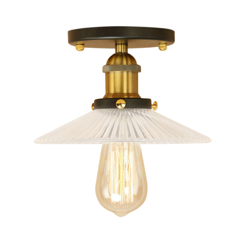 Semi Mount Ribbed Glass Cone Ceiling Light in Black/Brass/Copper - Industrial Style for Living Room - 1 Bulb