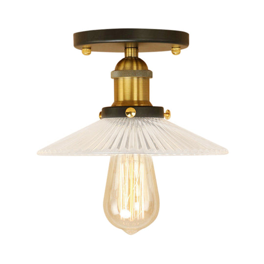 Semi Mount Ribbed Glass Cone Ceiling Light in Black/Brass/Copper - Industrial Style for Living Room - 1 Bulb