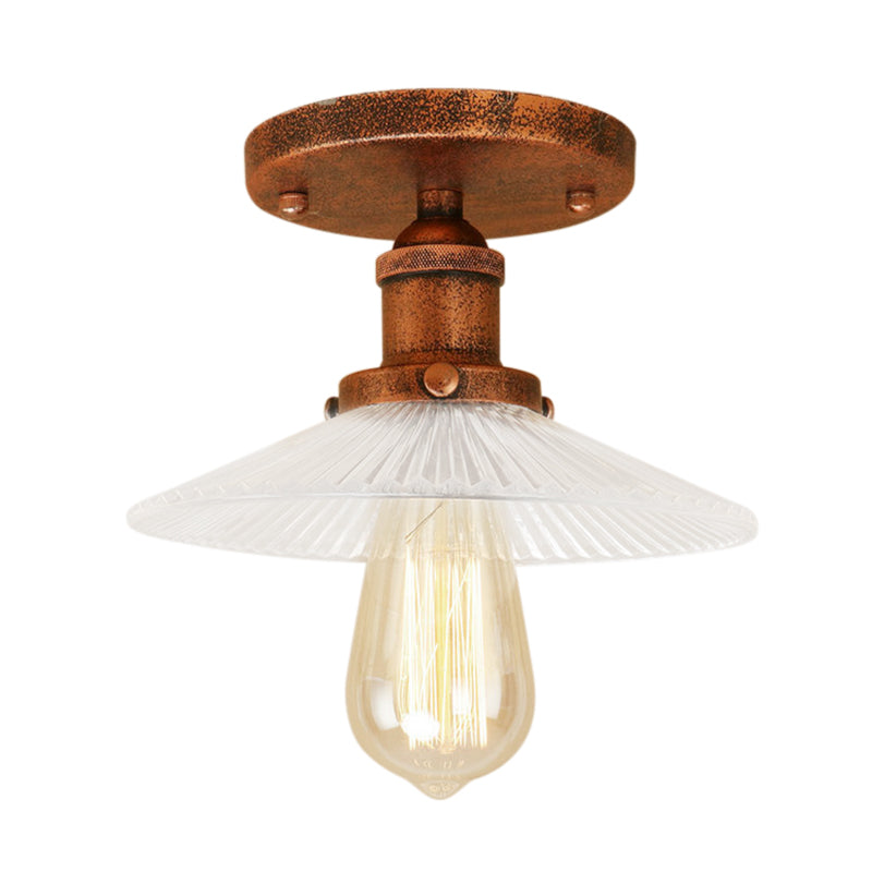 Semi Mount Ribbed Glass Cone Ceiling Light in Black/Brass/Copper - Industrial Style for Living Room - 1 Bulb