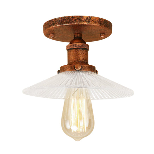 Semi Mount Ribbed Glass Cone Ceiling Light in Black/Brass/Copper - Industrial Style for Living Room - 1 Bulb