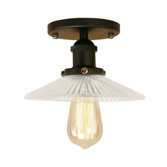 Semi Mount Ribbed Glass Cone Ceiling Light in Black/Brass/Copper - Industrial Style for Living Room - 1 Bulb