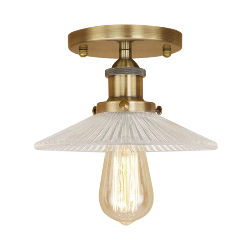 Semi Mount Ribbed Glass Cone Ceiling Light In Black/Brass/Copper - Industrial Style For Living Room