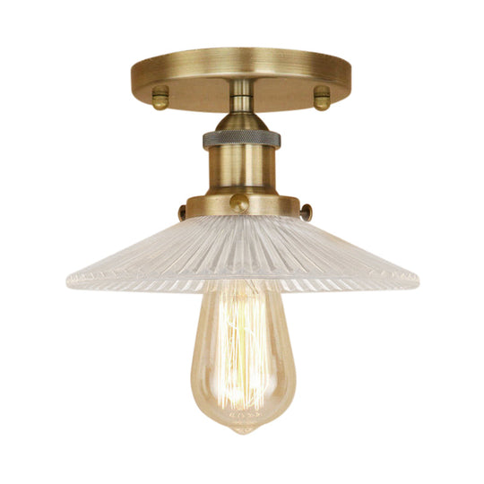 Semi Mount Ribbed Glass Cone Ceiling Light In Black/Brass/Copper - Industrial Style For Living Room