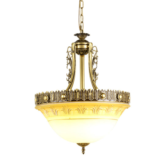 Rustic Beige/Brass Bell Shape Hanging Lamp - Milky Glass Single Head Hallway Pendant 12/16/19.5 Wide