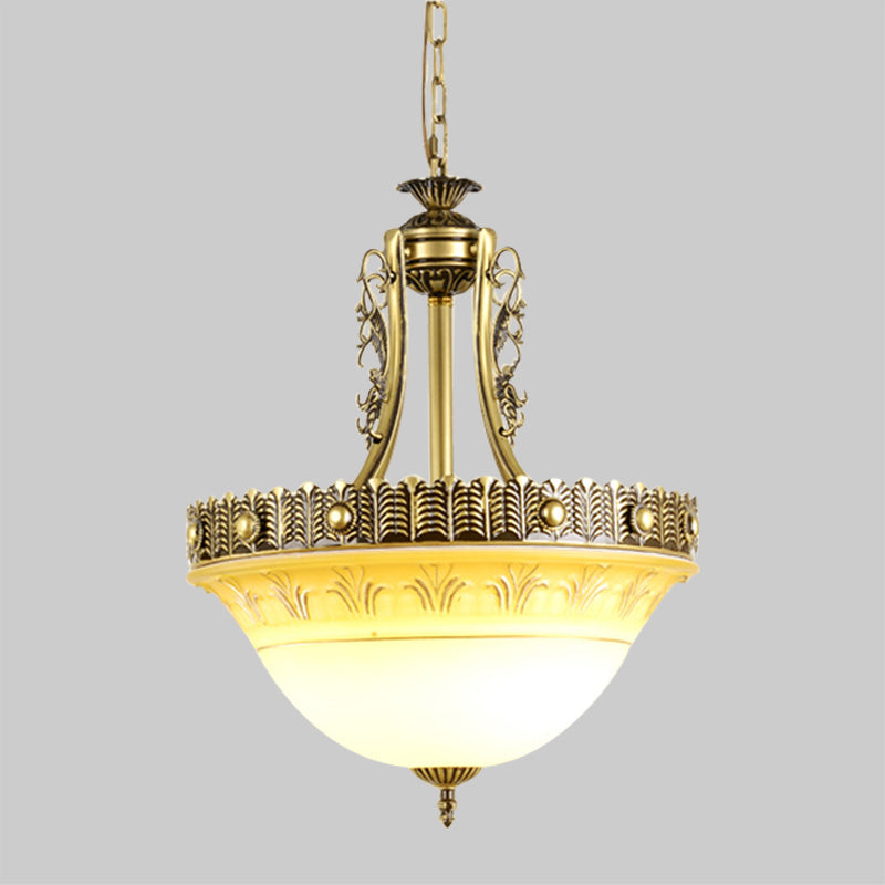 Rustic Beige/Brass Bell Shape Hanging Lamp - Milky Glass Single Head Hallway Pendant 12/16/19.5 Wide