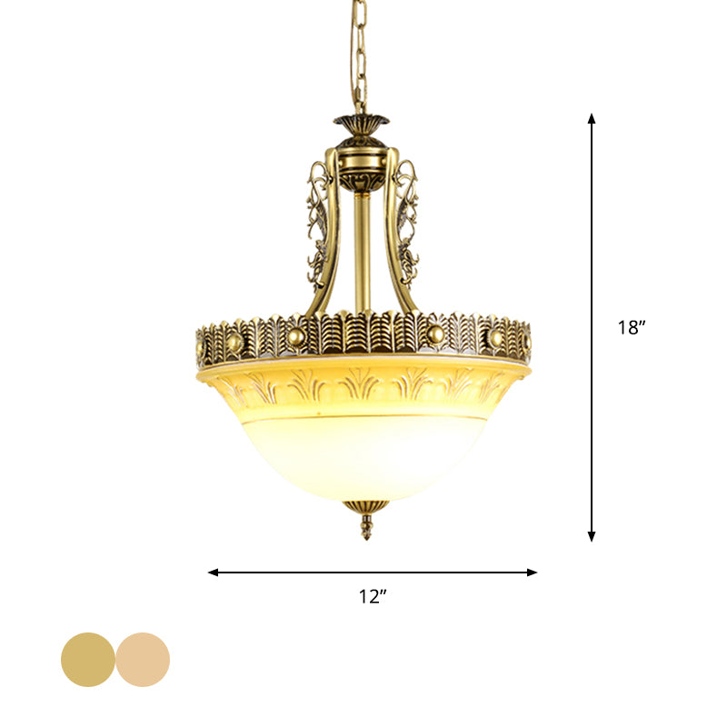 Rustic Beige/Brass Bell Shape Hanging Lamp - Milky Glass Single Head Hallway Pendant 12/16/19.5 Wide