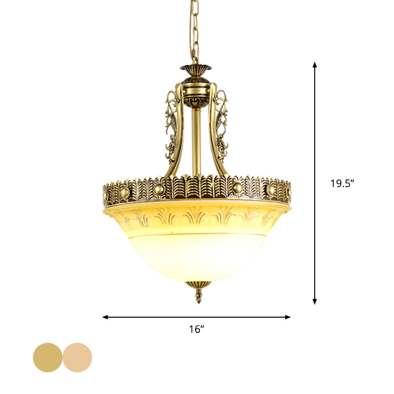 Rustic Beige/Brass Bell Shape Hanging Lamp - Milky Glass Single Head Hallway Pendant 12/16/19.5 Wide