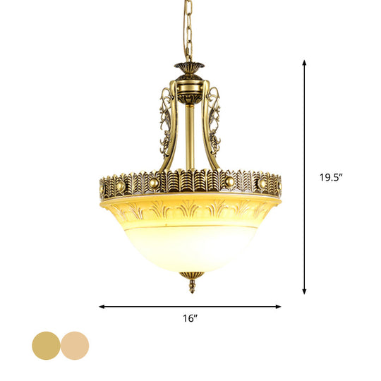 Rustic Beige/Brass Bell Shape Hanging Lamp - Milky Glass Single Head Hallway Pendant 12/16/19.5 Wide