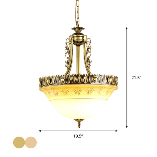 Rustic Beige/Brass Bell Shape Hanging Lamp - Milky Glass Single Head Hallway Pendant 12/16/19.5 Wide