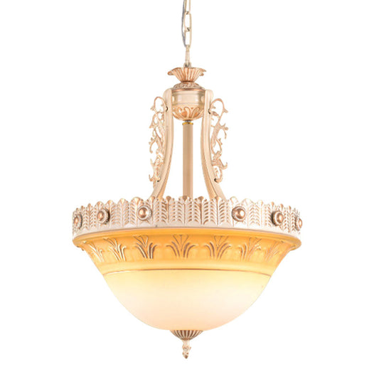 Rustic Beige/Brass Bell Shape Hanging Lamp - Milky Glass Single Head Hallway Pendant 12/16/19.5 Wide
