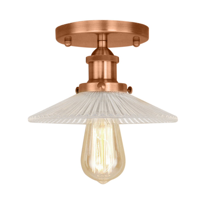 Semi Mount Ribbed Glass Cone Ceiling Light in Black/Brass/Copper - Industrial Style for Living Room - 1 Bulb