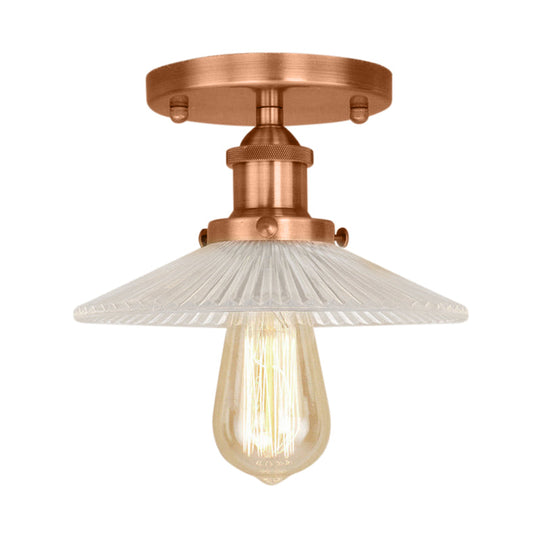 Semi Mount Ribbed Glass Cone Ceiling Light in Black/Brass/Copper - Industrial Style for Living Room - 1 Bulb