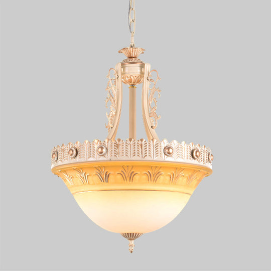 Rustic Beige/Brass Bell Shape Hanging Lamp - Milky Glass Single Head Hallway Pendant 12/16/19.5 Wide
