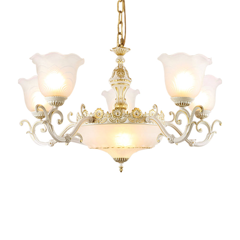 Opaline Glass Flower Ceiling Lamp - Traditional Pendant Chandelier White/Gold 5/7-Light For Drawing