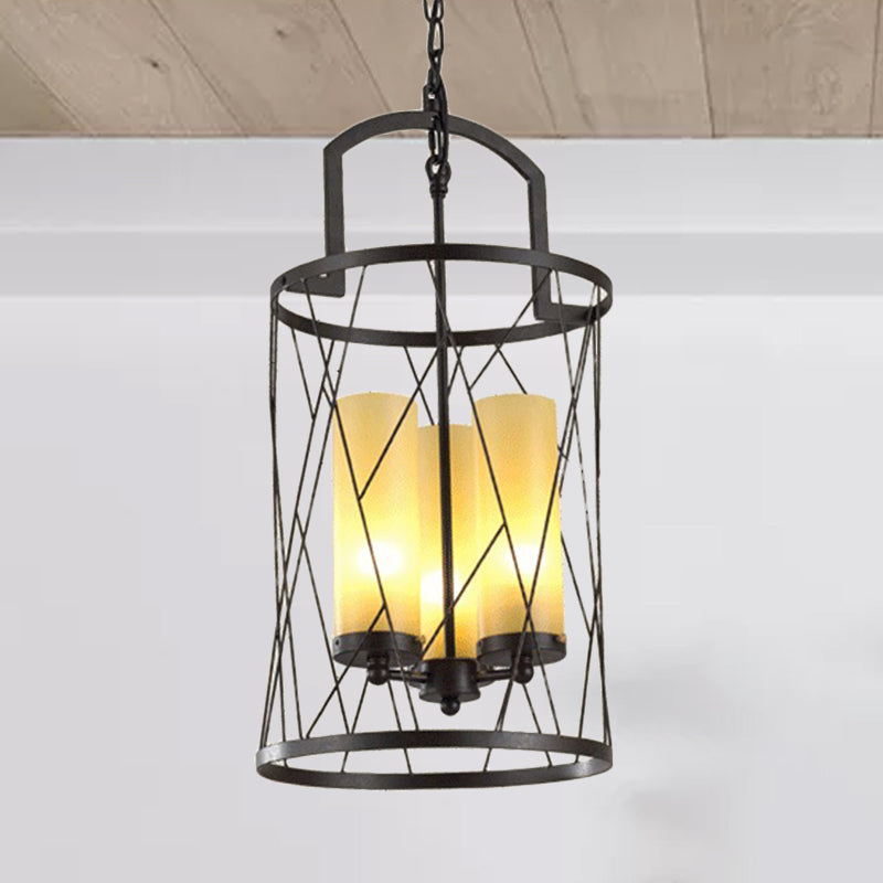 Industrial 3-Head Black Pendant Lamp with Cylinder Glass Shade and Wire Frame - Perfect for Restaurants