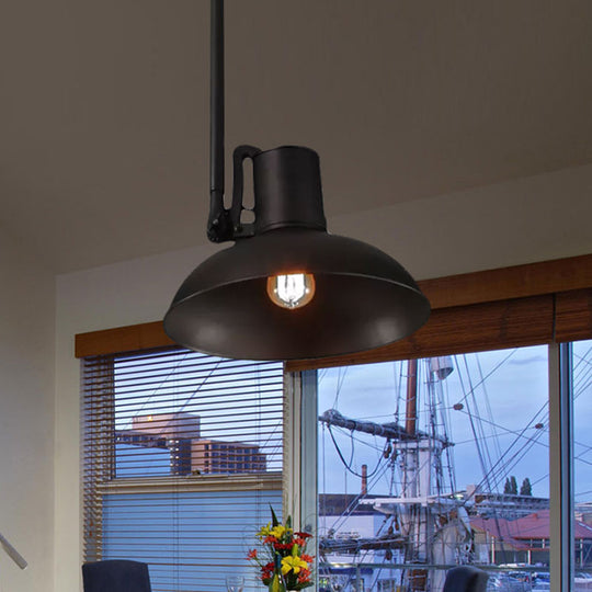 Retro Stylish Adjustable Pendant Light - Matte Black Metal Bowl Shade Ceiling Fixture, 1 Light