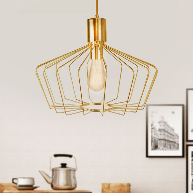 Retro Style Geometric Cage Pendant Light - Brass/Copper Indoor Suspension Lamp