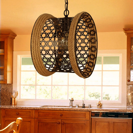1-Light Indoor Black Mesh Drum Metal Shade Pendant Lamp With Rope Detail