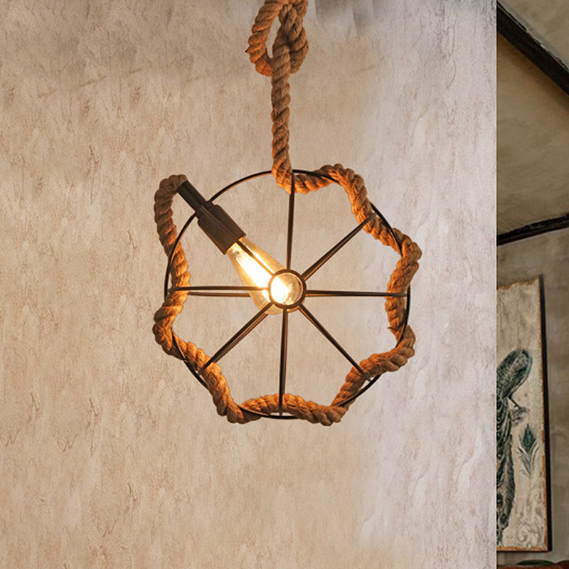 Adjustable Industrial Pendant Light with Beige Rope and Metal Cage Design