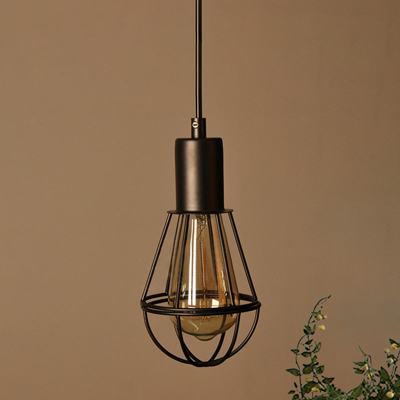 Vintage Industrial Cage Pendant Light - Small Black Metal Hanging Lamp For Living Room