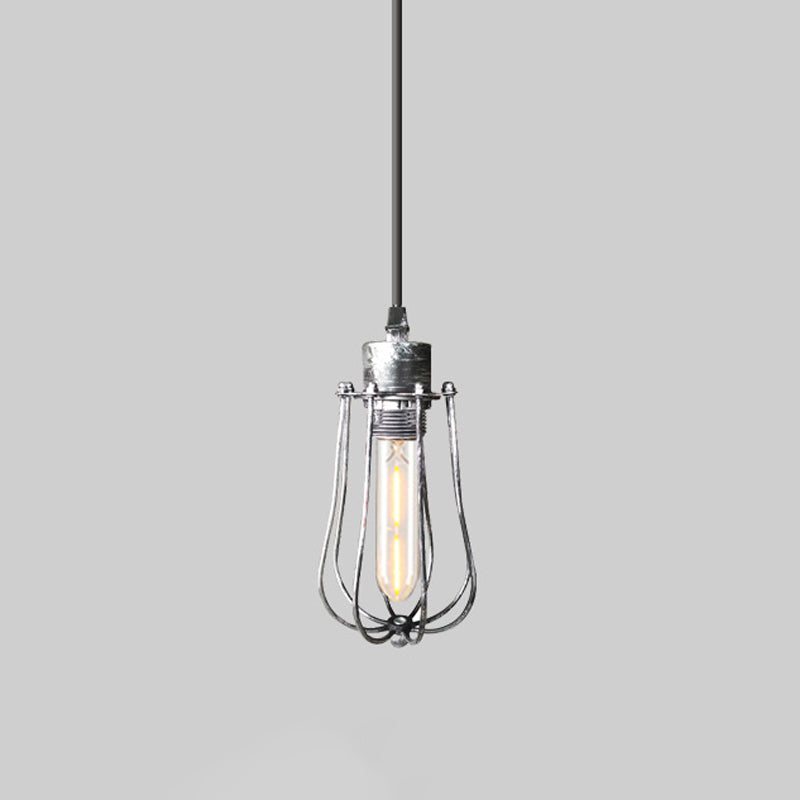 Wrought Iron Caged Pendant Light Rustic Industrial Coffee Shop Suspension Light, Aged Silver/Weathered Copper