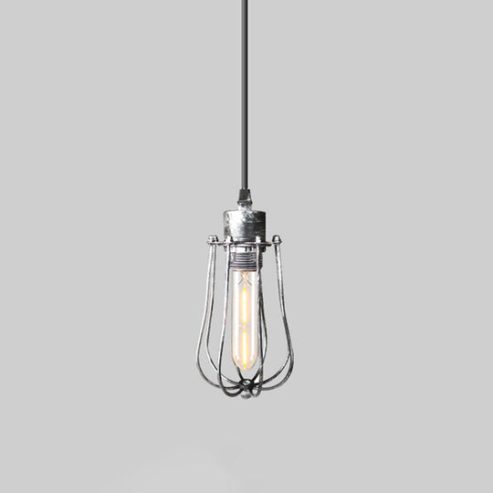 Wrought Iron Caged Pendant Light Rustic Industrial - Coffee Shop Suspension In Aged Silver/Copper