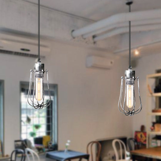 Wrought Iron Caged Pendant Light Rustic Industrial Coffee Shop Suspension Light, Aged Silver/Weathered Copper