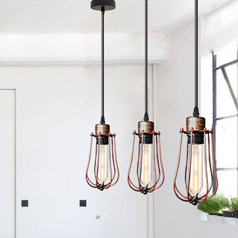 Wrought Iron Caged Pendant Light Rustic Industrial Coffee Shop Suspension Light, Aged Silver/Weathered Copper