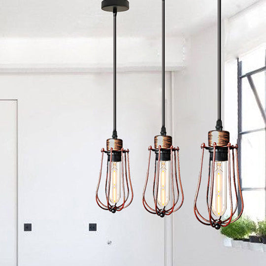 Wrought Iron Caged Pendant Light Rustic Industrial Coffee Shop Suspension Light, Aged Silver/Weathered Copper