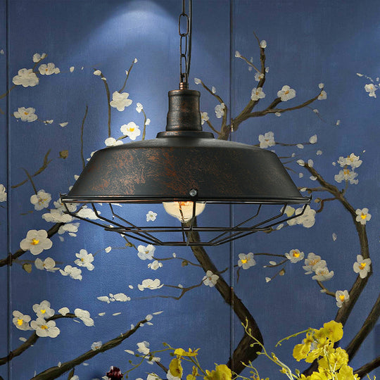 Rust Finish Retro Barn Pendant Lamp With Wire Guard - Ideal For Living Room Ceilings