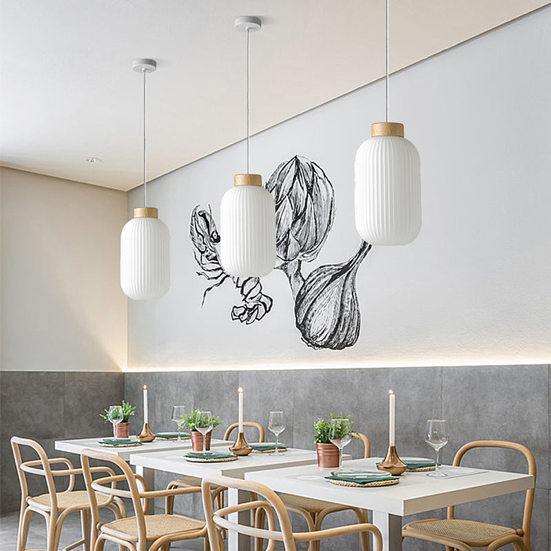 Modern Milk Glass Ribbed Cylinder Pendant Light - 5.5"/8"/12" - 1 Light White Ceiling Fixture for Restaurants