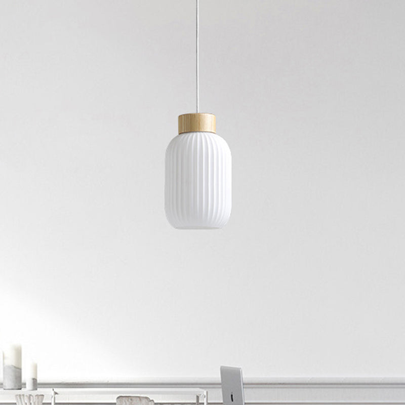 Modern Milk Glass Ribbed Cylinder Pendant Light - 5.5"/8"/12" - 1 Light White Ceiling Fixture for Restaurants