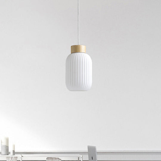 Modern Milk Glass Ribbed Cylinder Pendant Light - 5.5"/8"/12" - 1 Light White Ceiling Fixture for Restaurants