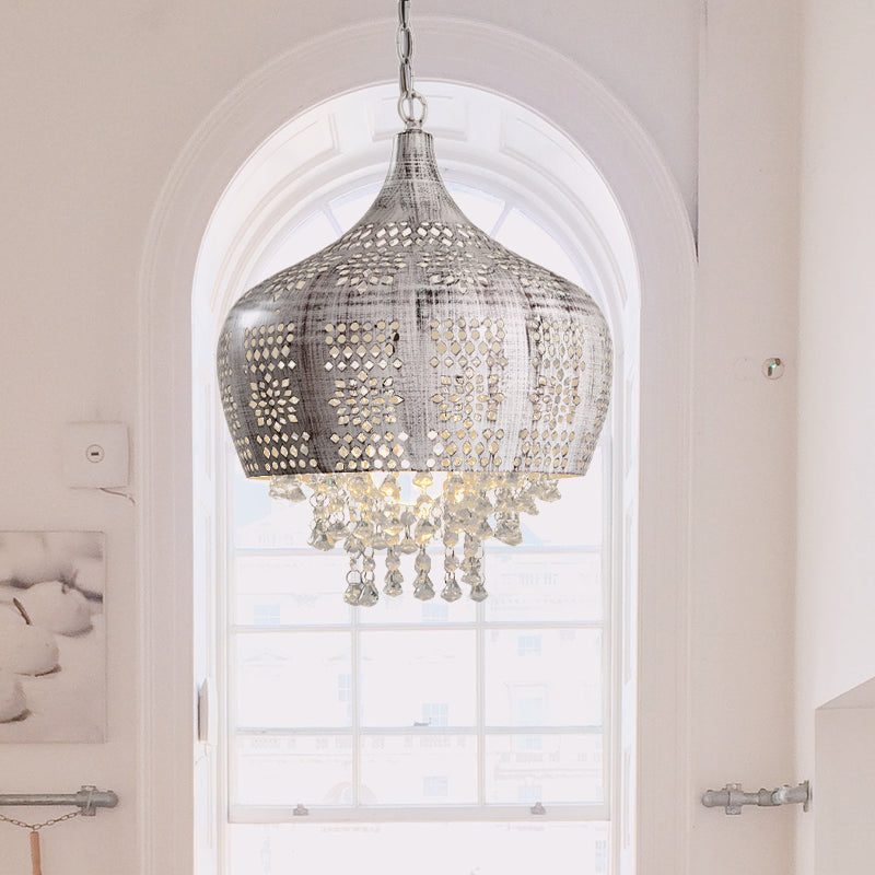 Vintage Dome Pendant Light with Crystal Deco and Pierced Design - Distressed White