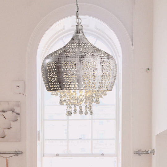 Vintage Dome Pendant Light with Crystal Deco and Pierced Design - Distressed White