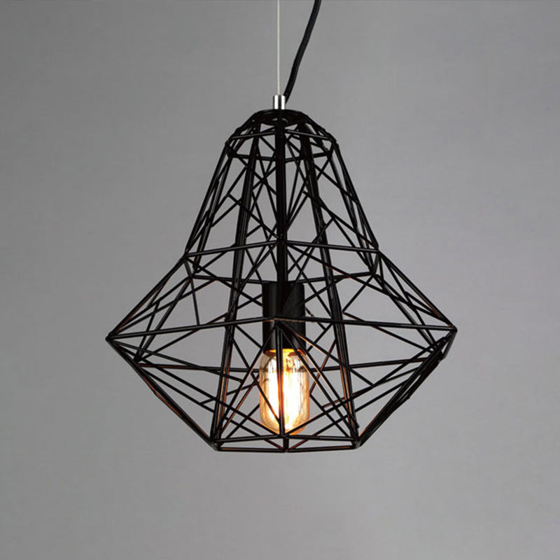 Metallic Industrial Cage Diamond Pendant Lighting - Black/White, 1 Head, for Dining Room - 16"/19.5" Dia